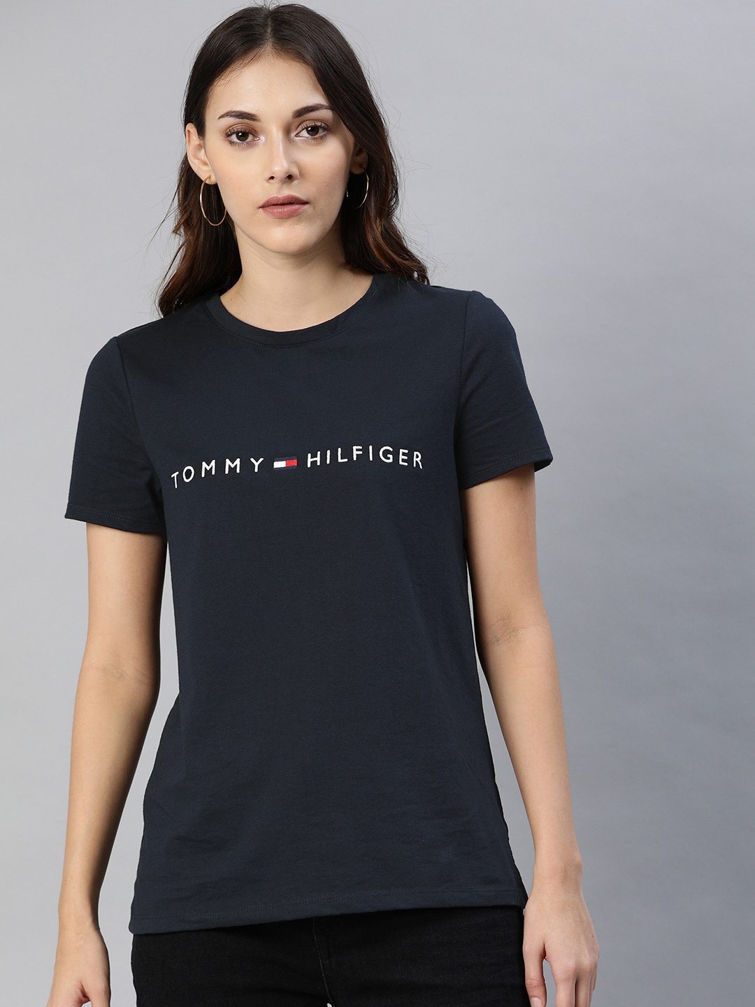 

Tommy Hilfiger Women Navy Blue Printed Round Neck T-shirt with Embroidered Detail