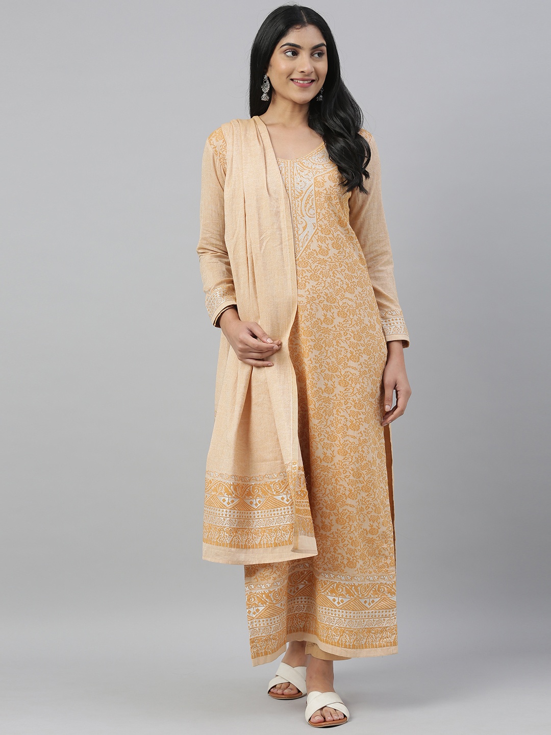 

Inddus Mustard Yellow & Peach-Coloured Woven Design Handloom Unstitched Dress Material