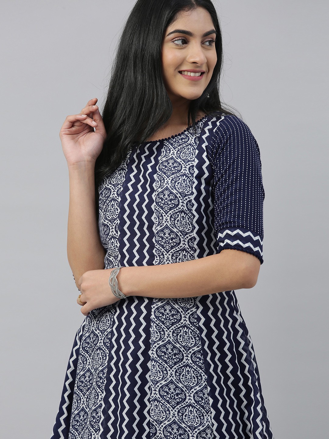 

Inddus Women Blue & White Printed A-Line Kurta