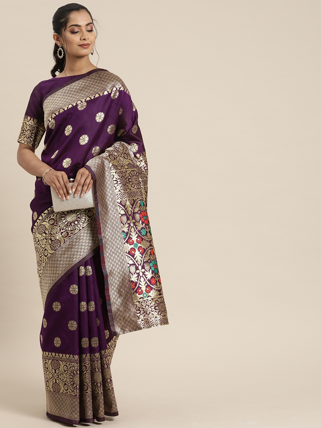 

Inddus Purple & Golden Silk Blend Woven Design Saree