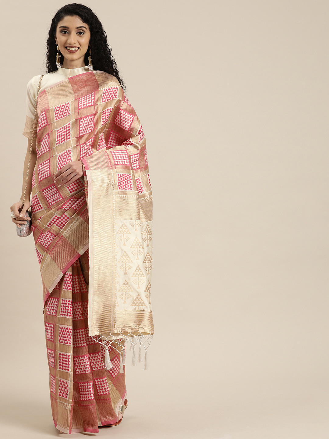

Inddus Off-White & Pink Silk Blend Woven Design Saree