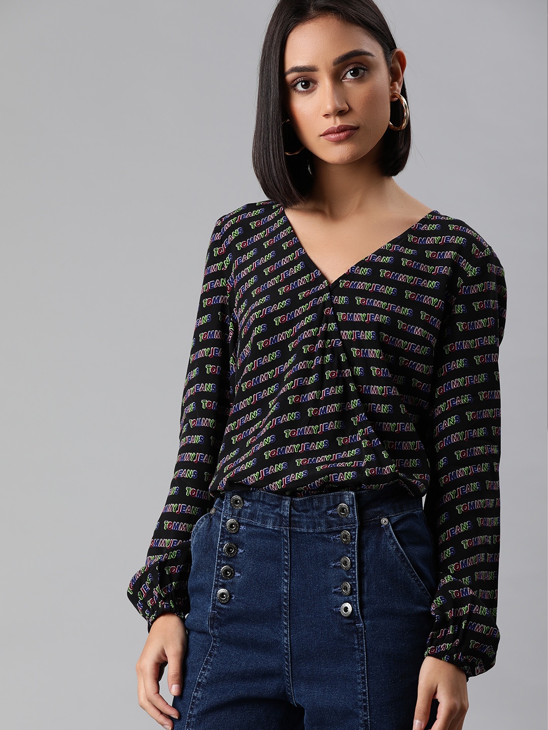 

Tommy Hilfiger Women Black Printed Wrap Style Bodysuit