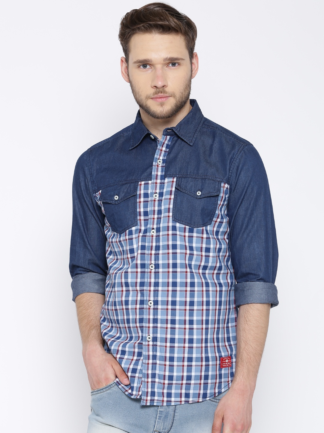 

American Swan Blue Checked Smart Fit Partially Denim Shirt