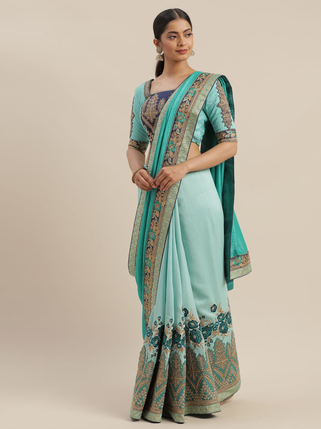 

Mitera Turquoise Blue & Beige Silk Blend Embroidered Saree