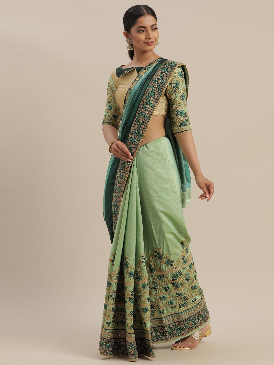 

Mitera Olive Green & Beige Embroidered Saree