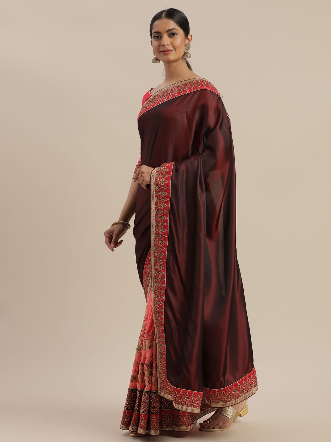 

Mitera Pink & Maroon Silk Blend Embroidered Saree