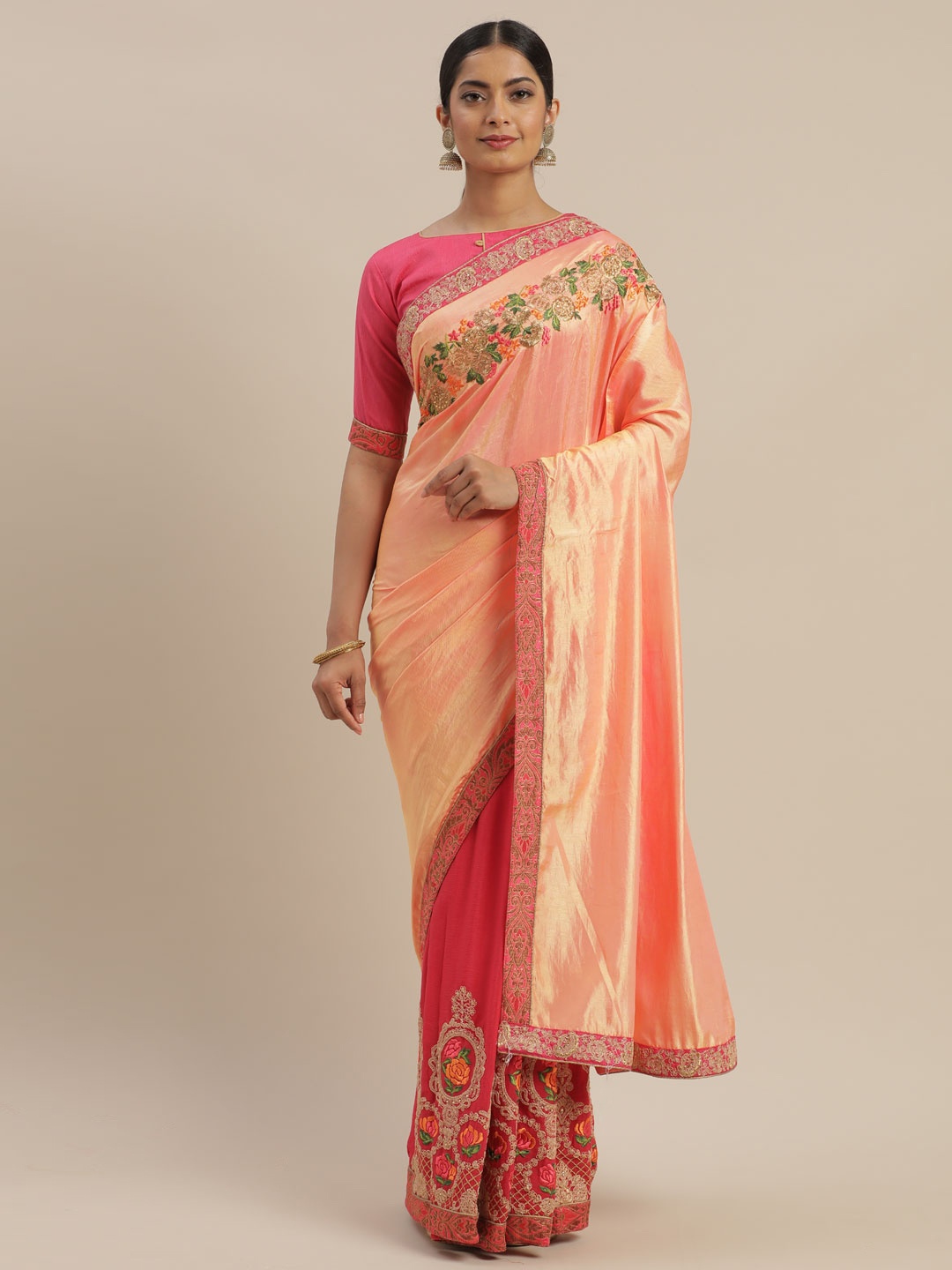 

Mitera Pink & Beige Silk Blend Embroidered Saree