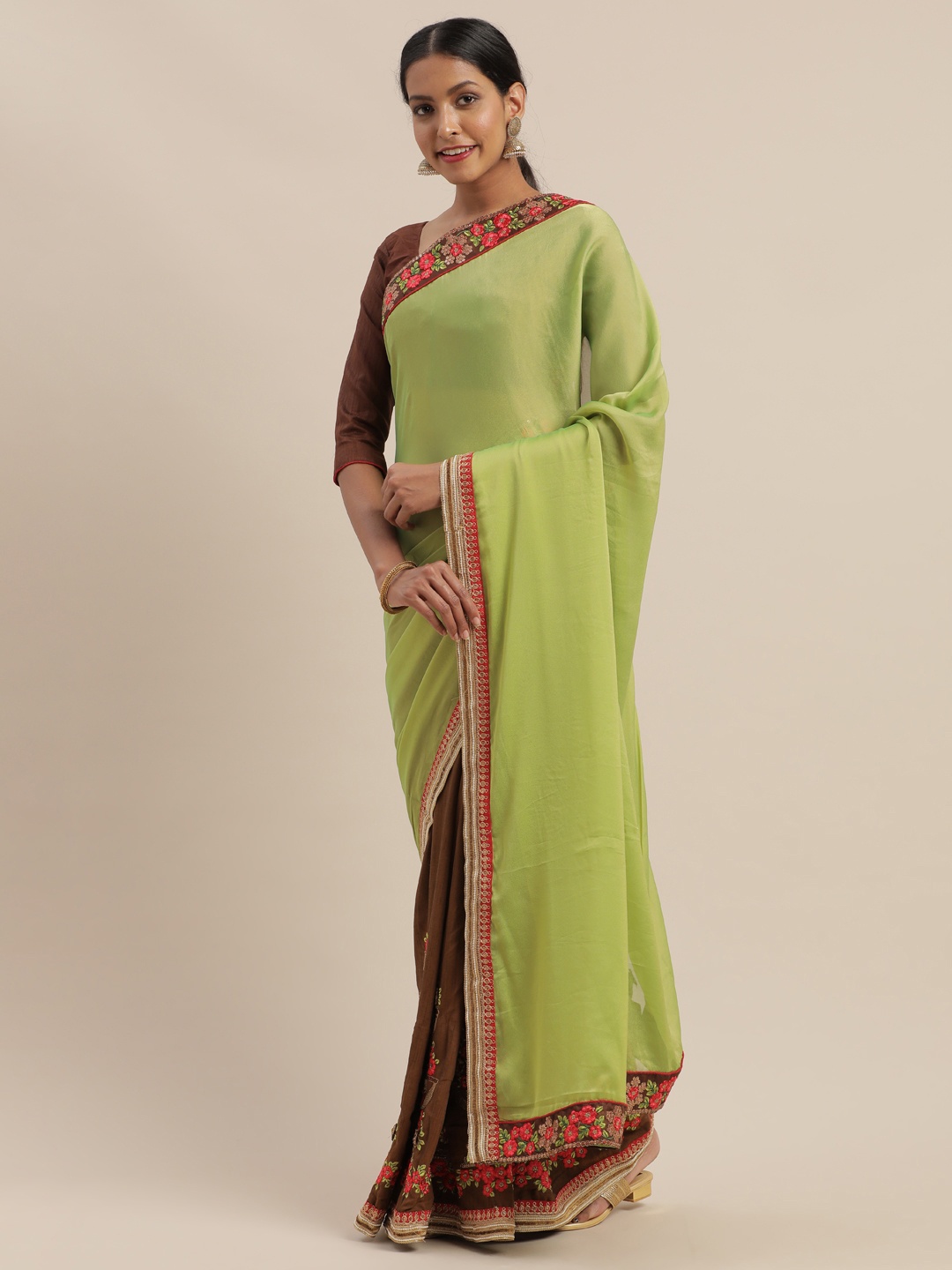 

Mitera Olive Green & Brown Silk Blend Solid Saree