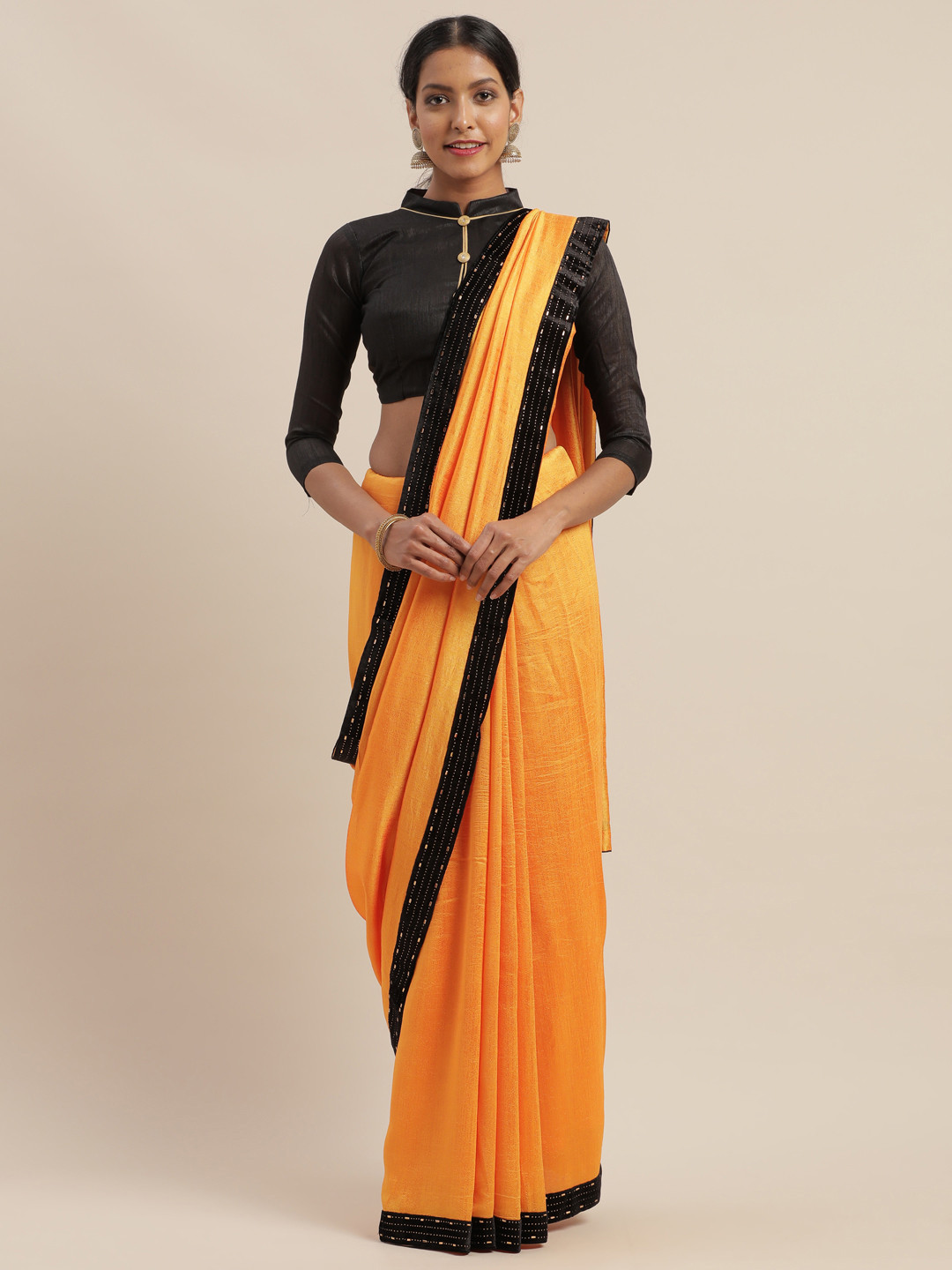 

Mitera Coral & Black Poly Silk Solid Saree