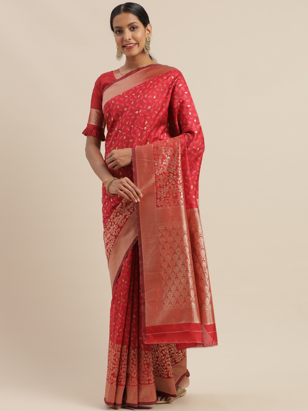

Mitera Red & Gold-Toned Art Silk Woven Design Dharmavaram Saree