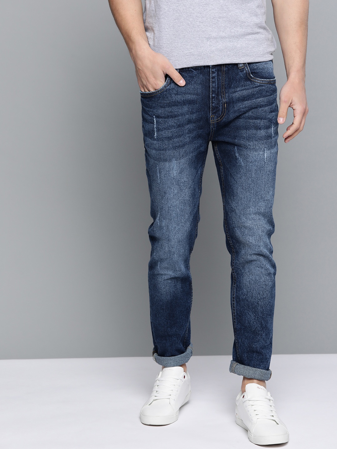 

Mast & Harbour Men Navy Blue Skinny Fit Mid-Rise Low Distress Stretchable Jeans