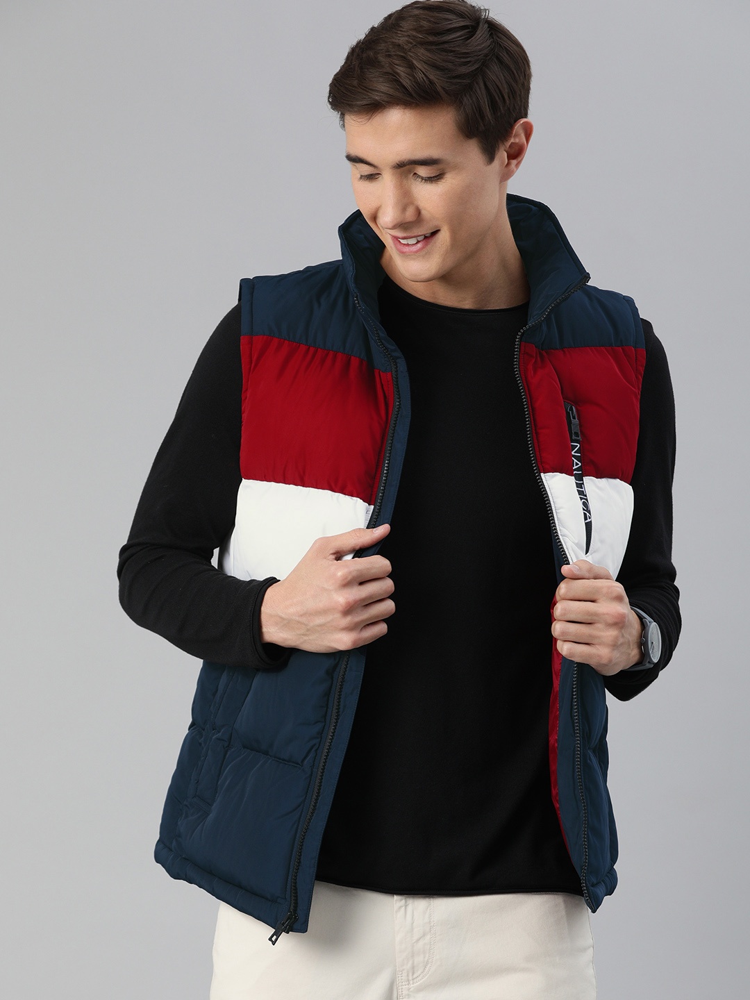 

Nautica Men Navy Blue & Red Colourblocked Water Resistant Puffer Jacket