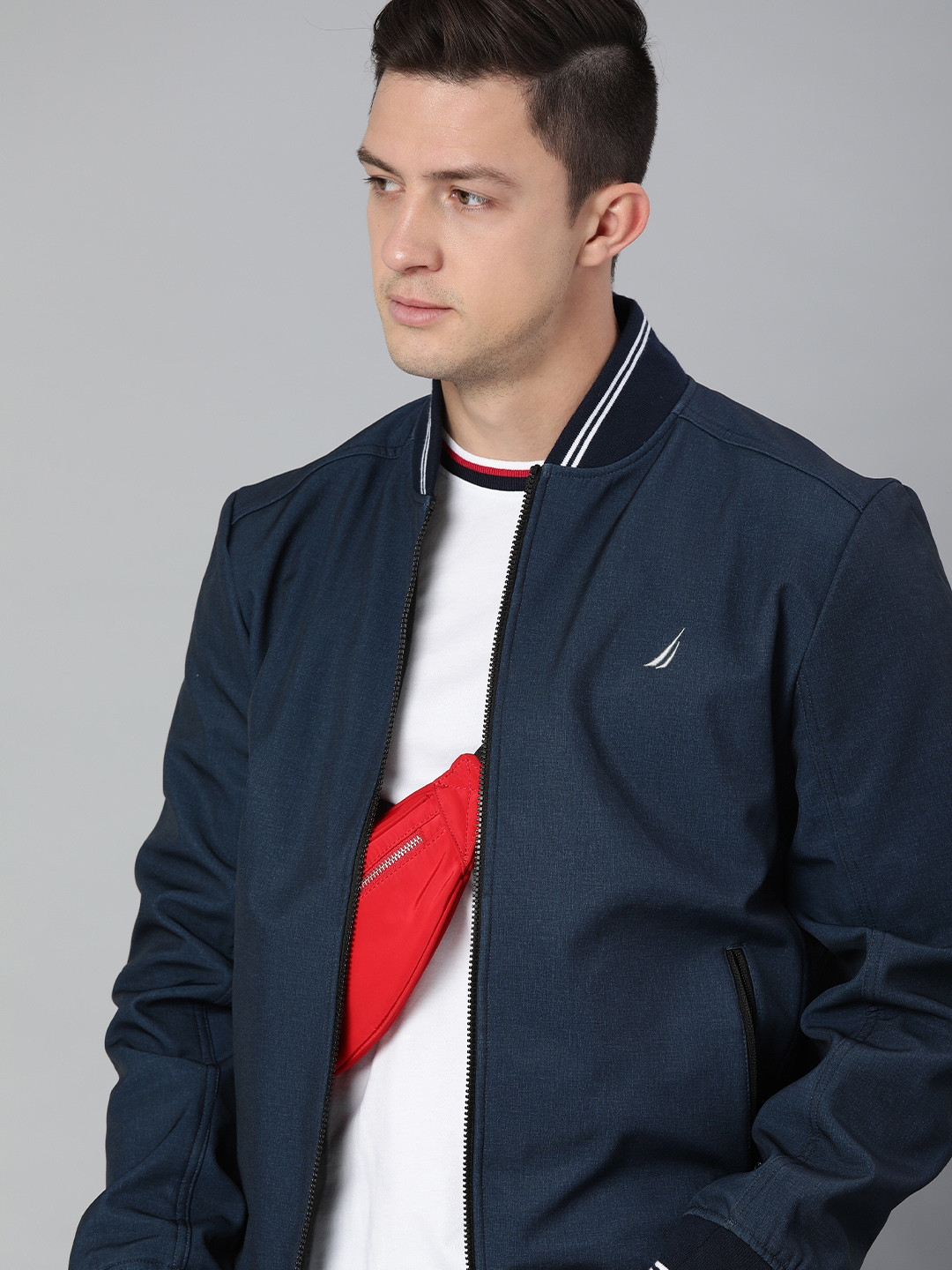 

Nautica Men Navy Blue Solid Water Resistant Bomber Jacket