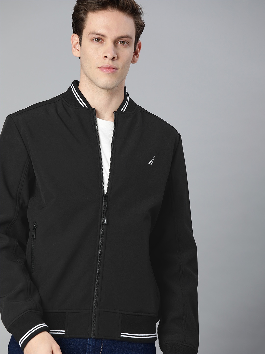 

Nautica Men Black Solid Water Resistant Bomber Jacket