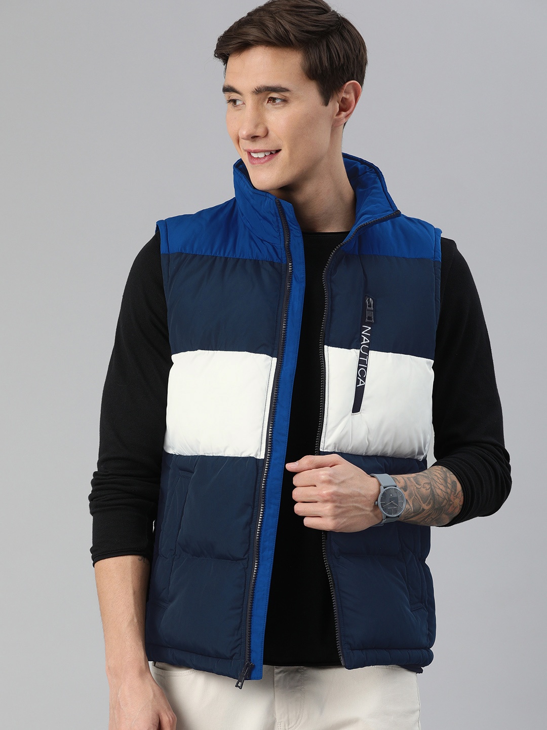 

Nautica Men Navy Blue & White Colourblocked Water Resistant Puffer Jacket