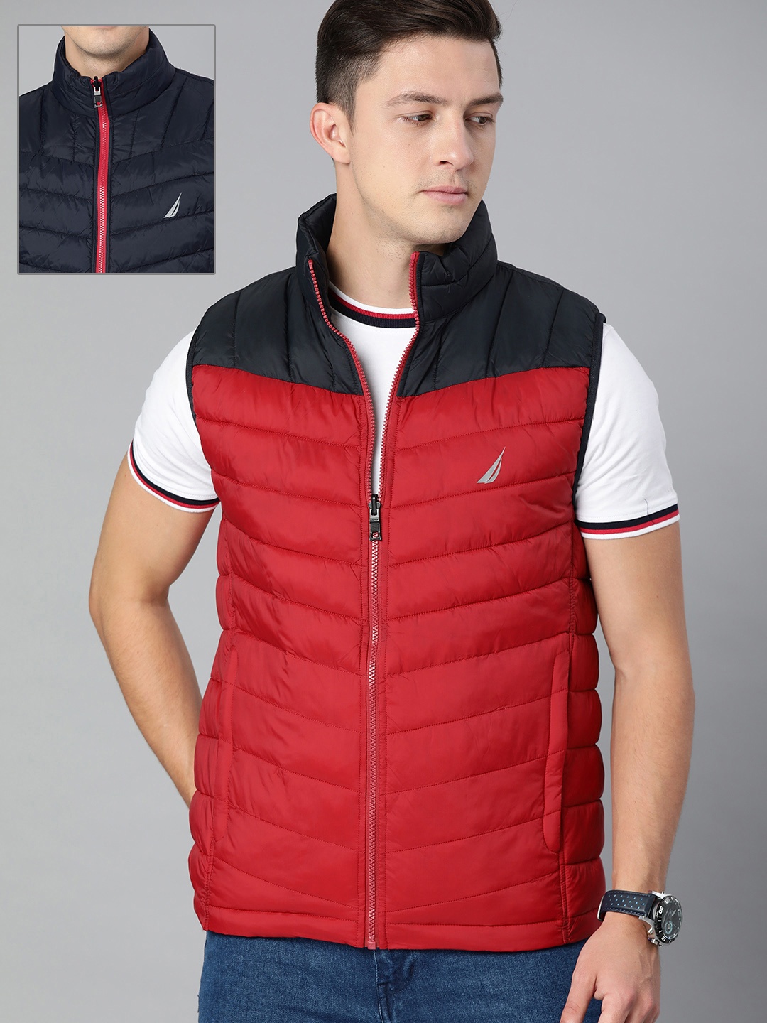 

Nautica Men Red & Black Colourblocked Water Resistant Reversible Padded Jacket