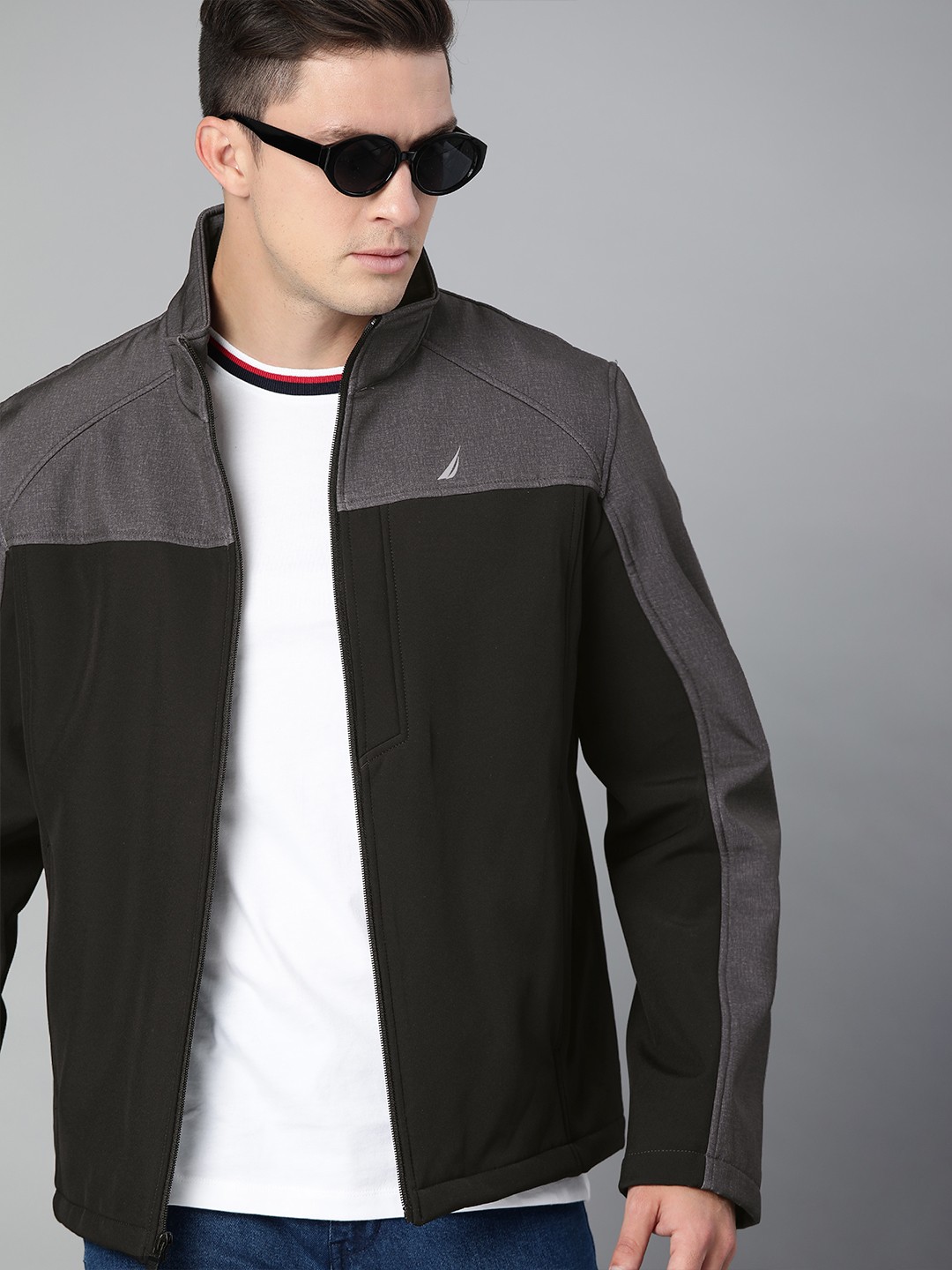 

Nautica Men Black & Charcoal Grey Colourblocked Water Resistant Padded Jacket