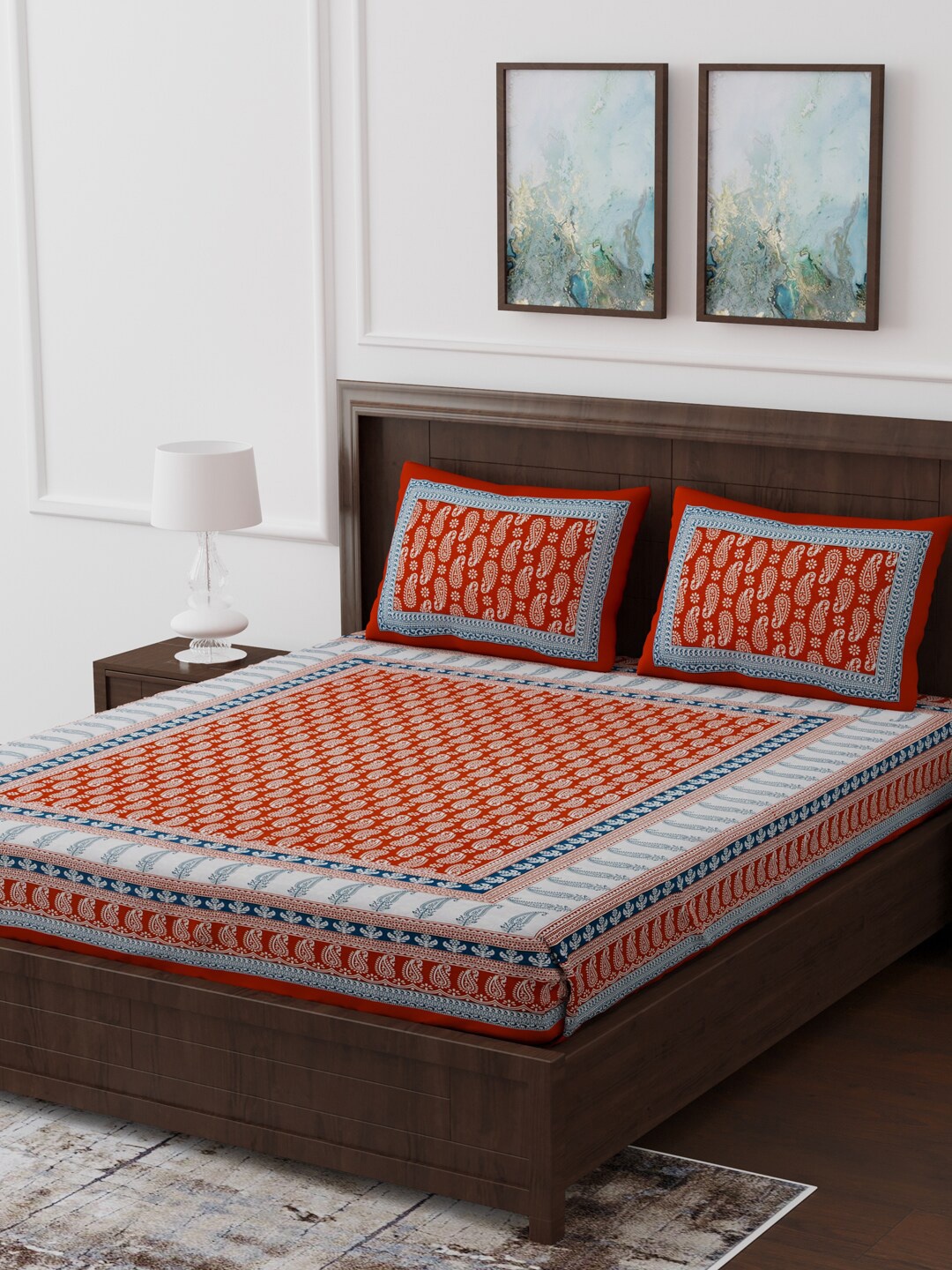 

Gulaab Jaipur Red & Blue Ethnic Motifs 210 TC Cotton Bedsheet with 2 Pillow Covers
