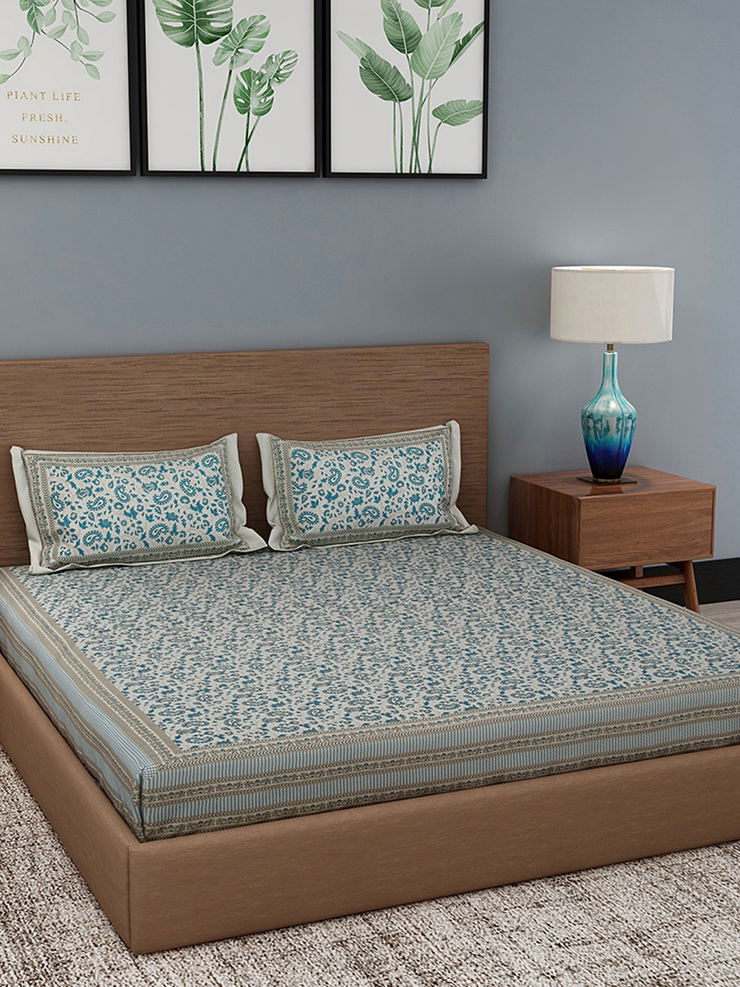 

Gulaab Jaipur Blue & Off-White Ethnic Motifs 350 TC Cotton Bedsheet with 2 Pillow Covers