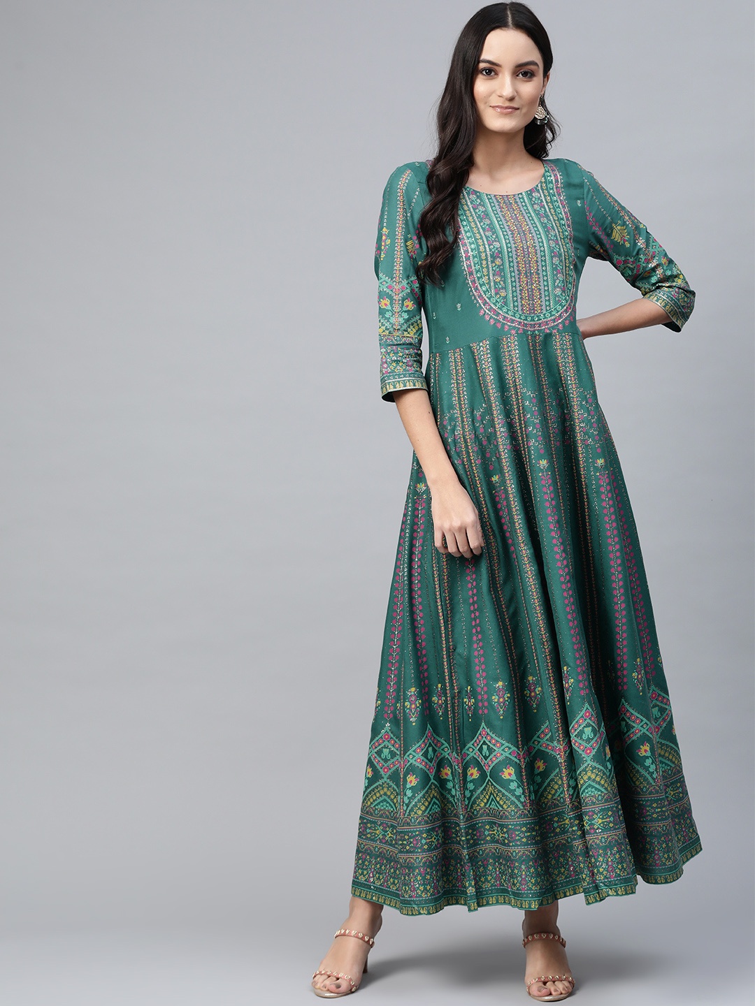 

W Green & Mustard Yellow Ethnic Motifs Printed Anarkali Maxi Dress