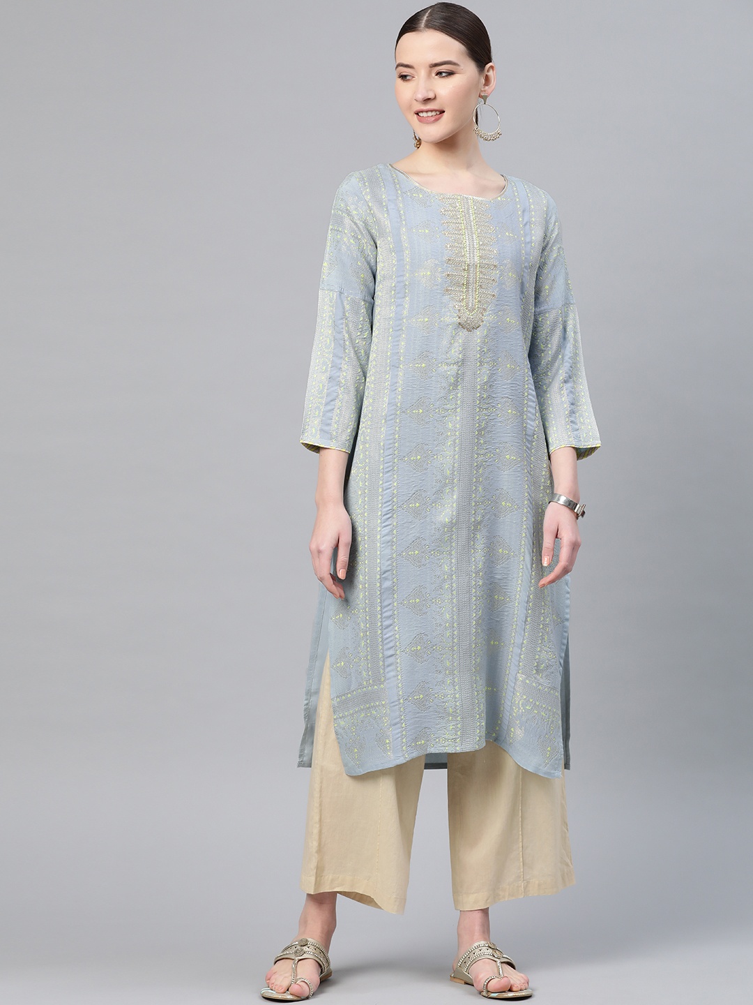 

W Women Blue & Golden Zari Woven Design Sequinned Straight Kurta