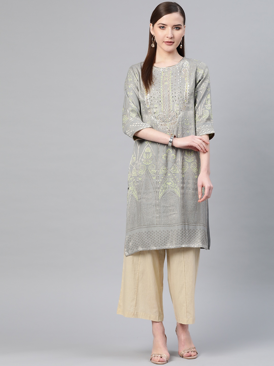 

W Women Grey & Golden Woven Design Straight Kurta