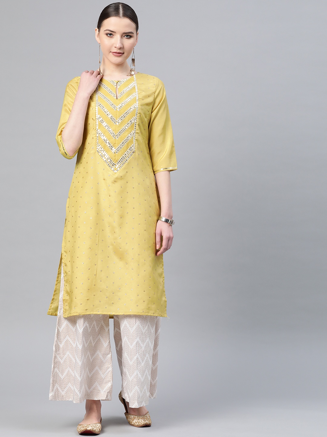 

W Women Yellow & Yellow Sequin Embellished Straight Kurta