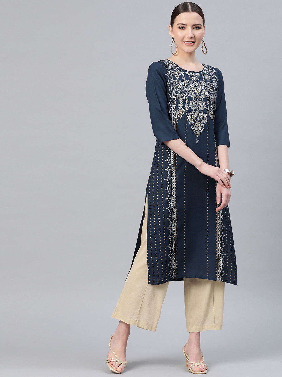 

W Women Navy Blue & Golden Printed Straight Kurta