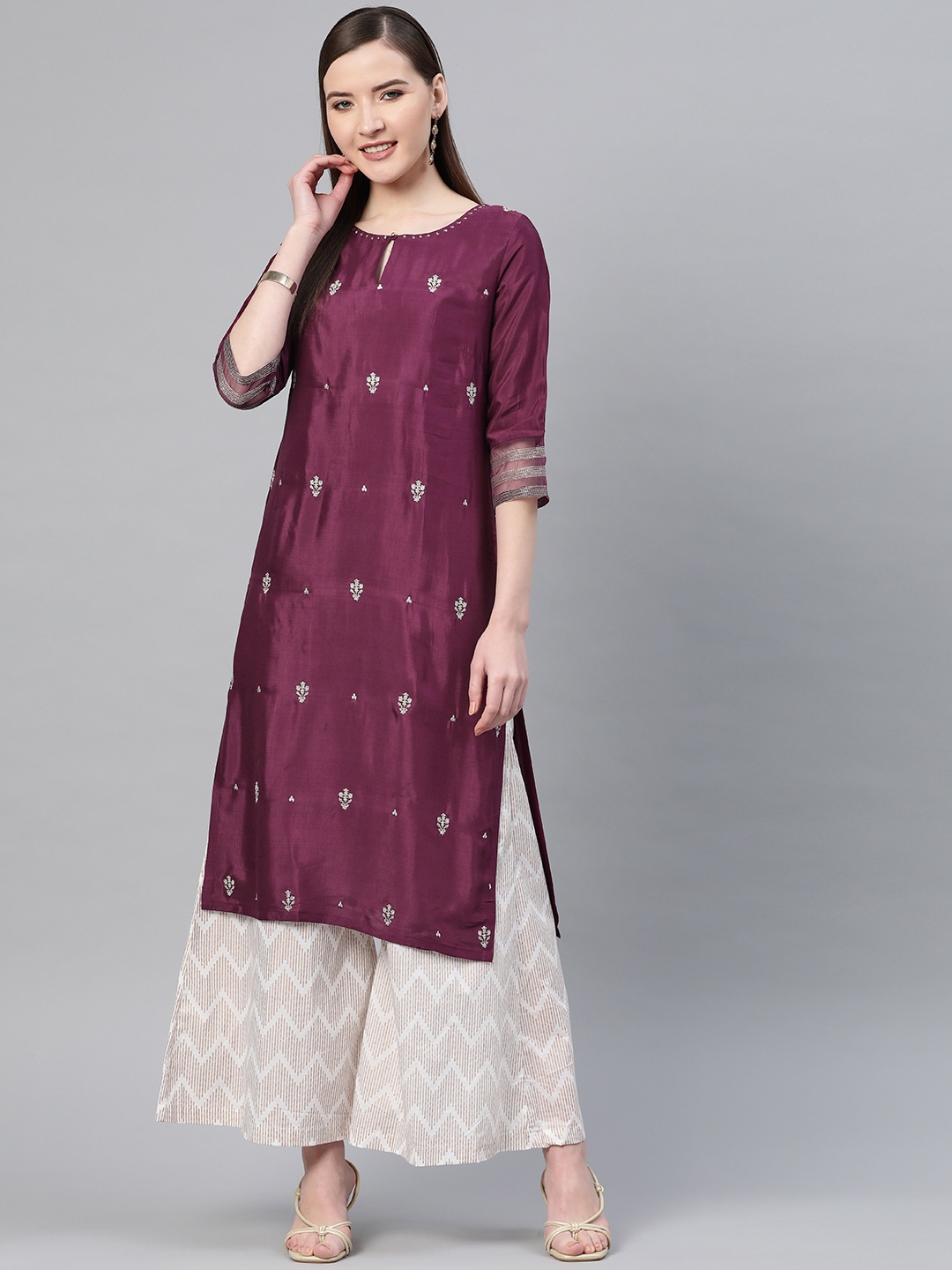 

W Women Purple & Silver Embroidered Straight Kurta