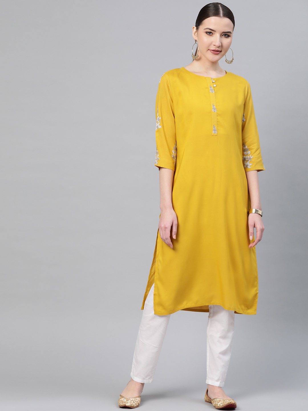

W Women Mustard Yellow Solid Straight Kurta with Floral Print Detail