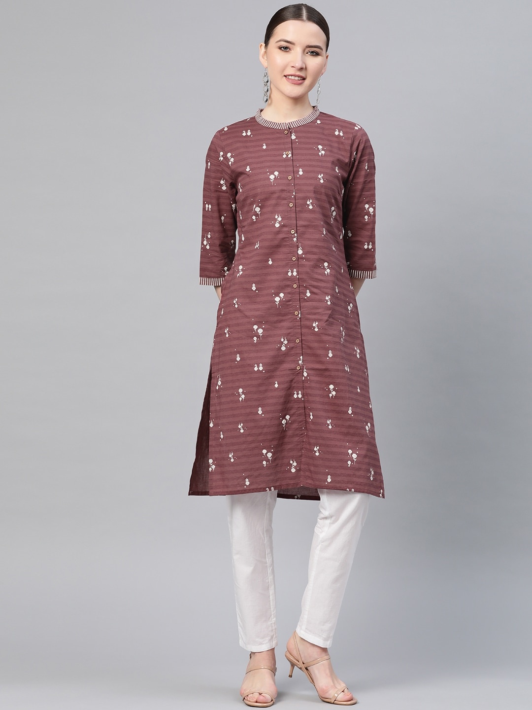 

W Women Mauve & White Striped Pure Cotton Straight Kurta