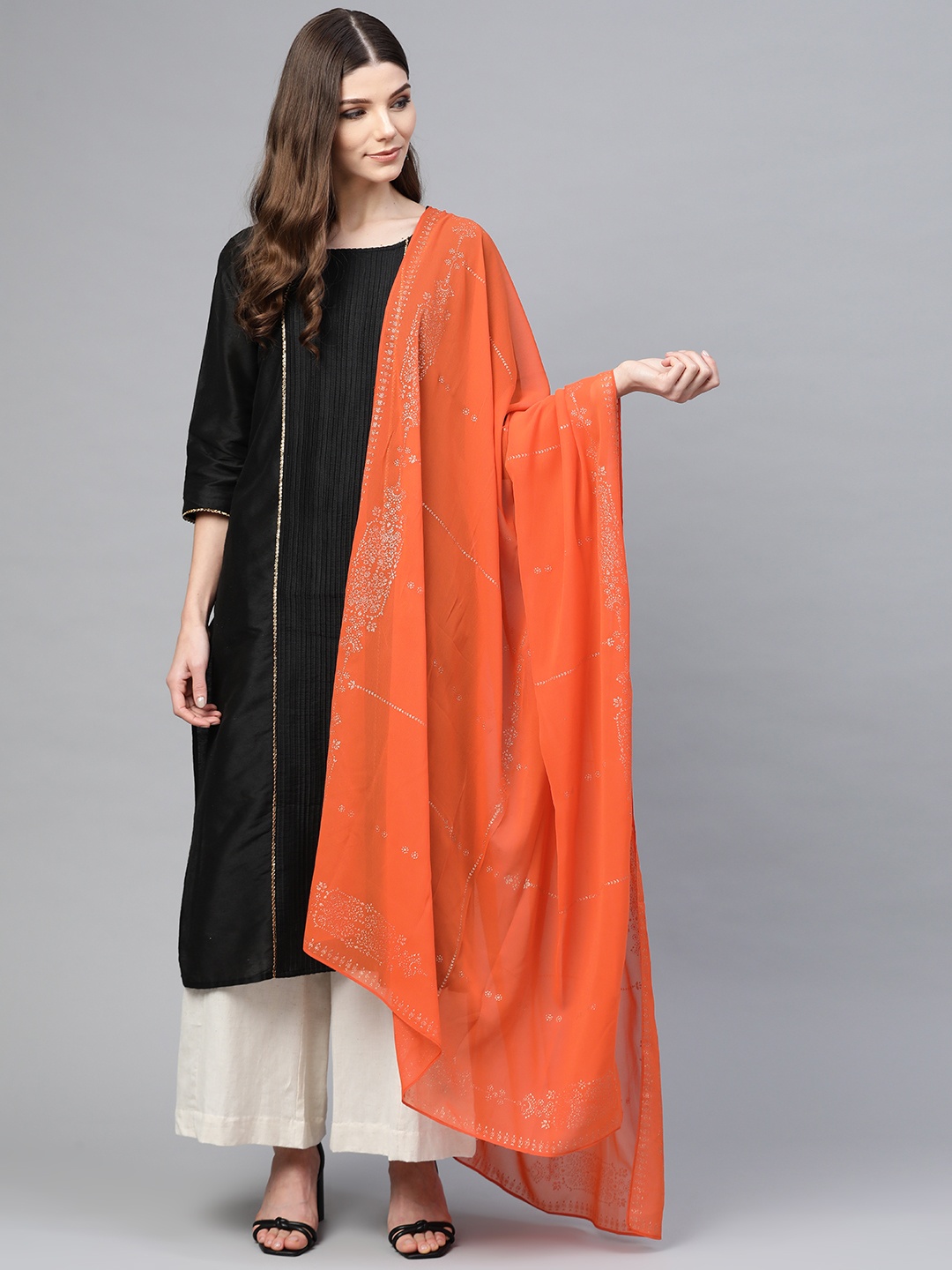 

W Orange & Gold-Toned Printed Dupatta