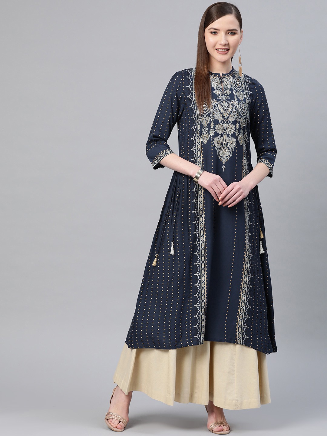 

W Women Navy Blue & Golden Printed A-Line Kurta