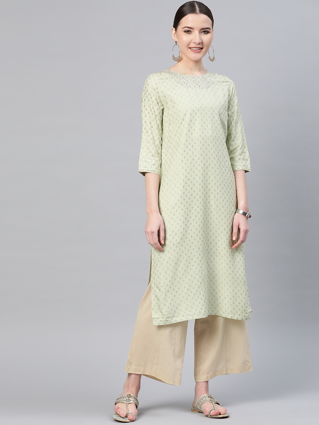

W Women Green & Golden Ethnic Print Straight Kurta with Sequinned & Embroidered Detail