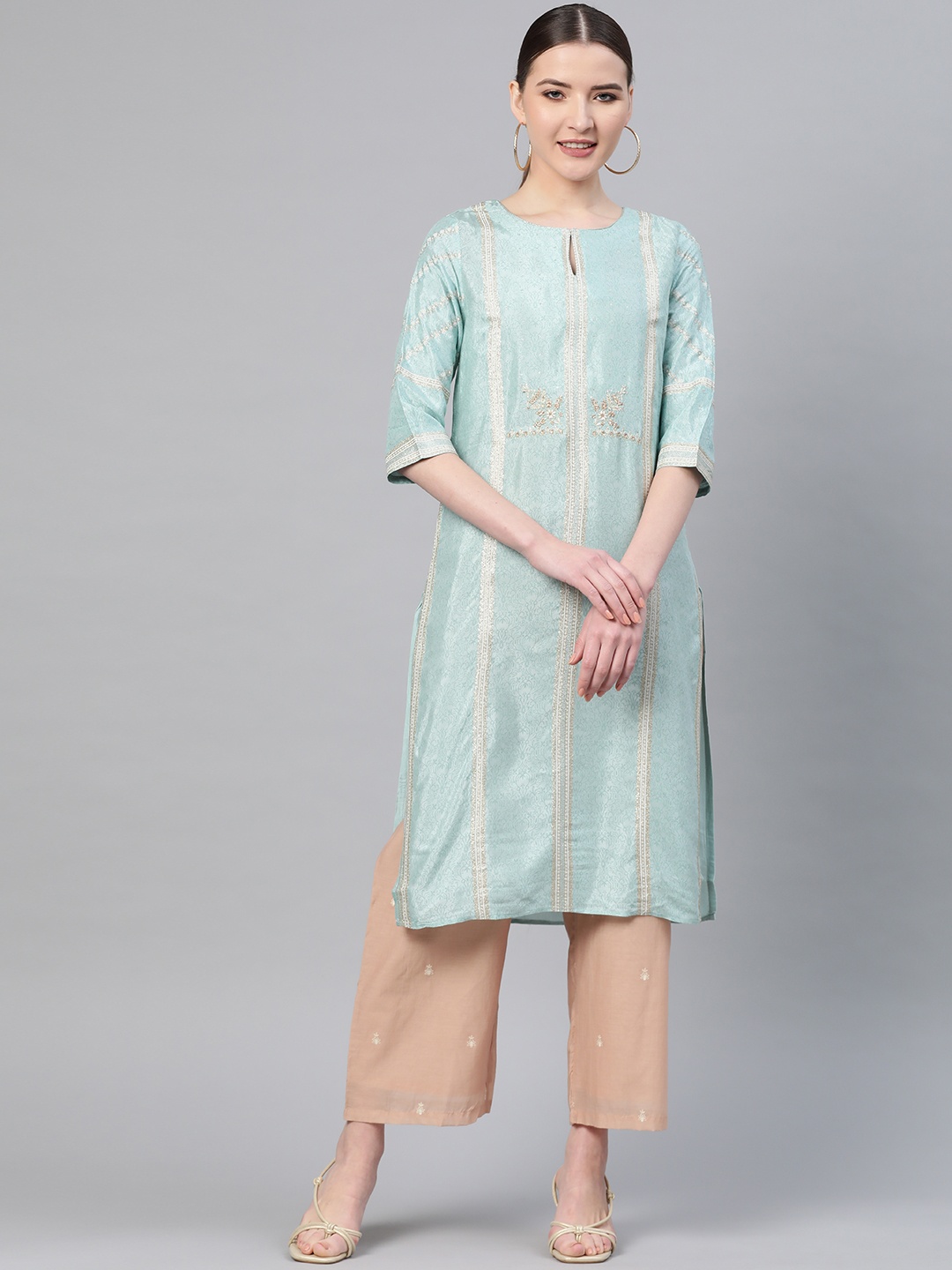 

W Women Sea Green & Off-White Ethnic Printed Straight Kurta