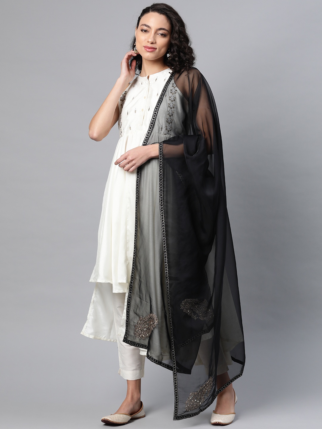 

W Black & Golden Solid Dupatta with Embroidered Detail