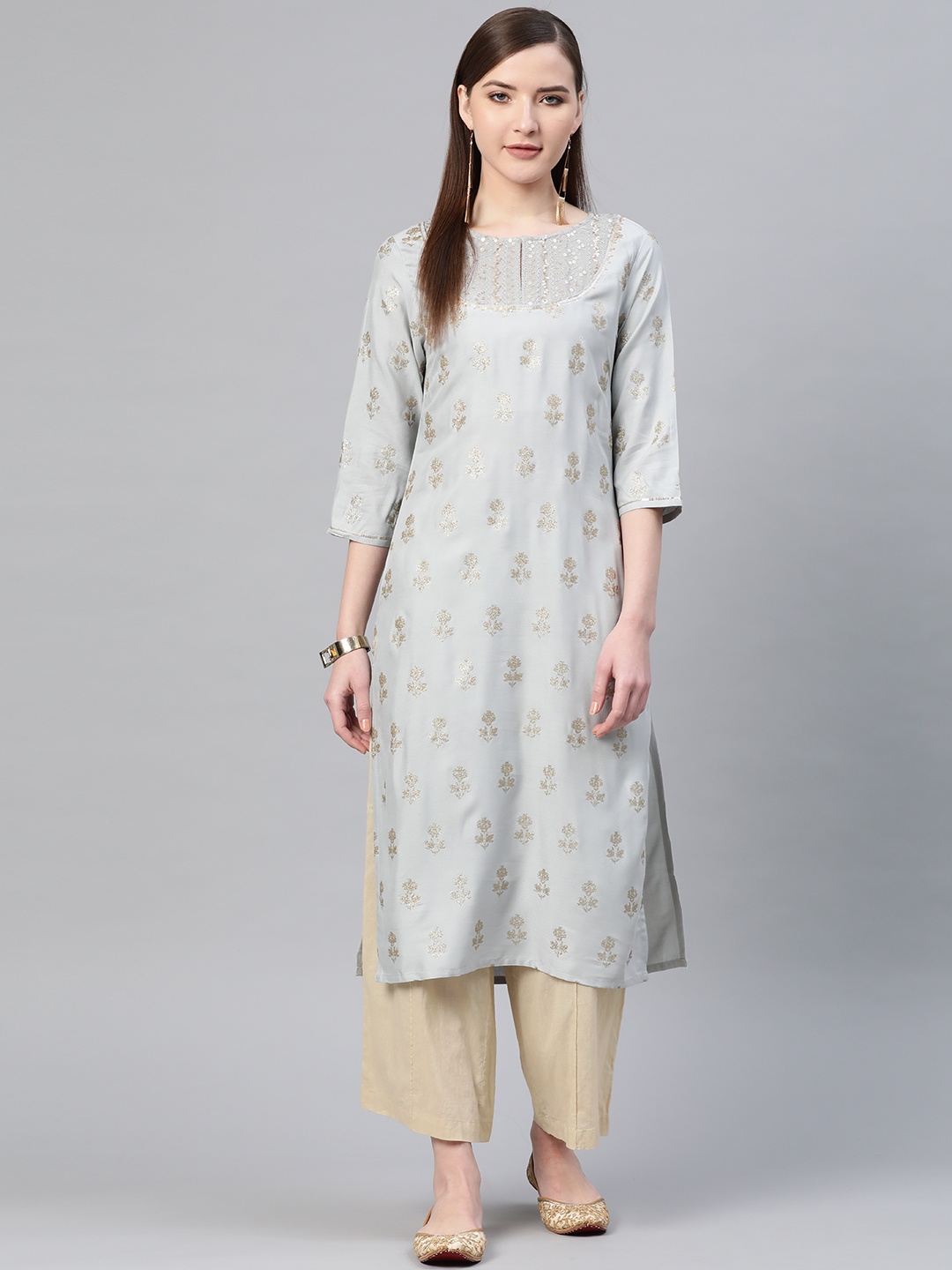 

W Women Grey & Golden Printed Straight Kurta