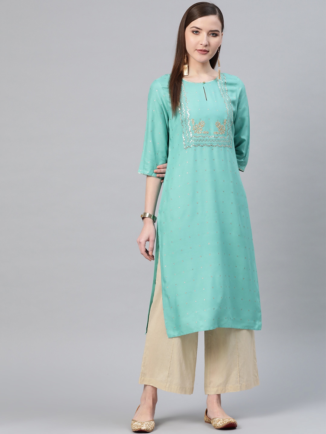 

W Women Blue & Golden Printed Straight Kurta
