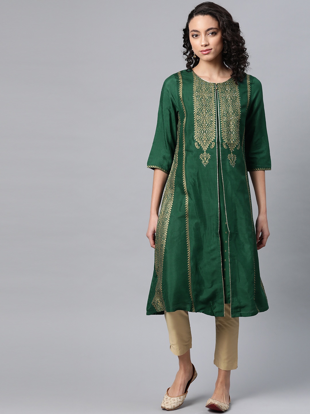

W Women Green & Golden Foil Printed A-Line Kurta