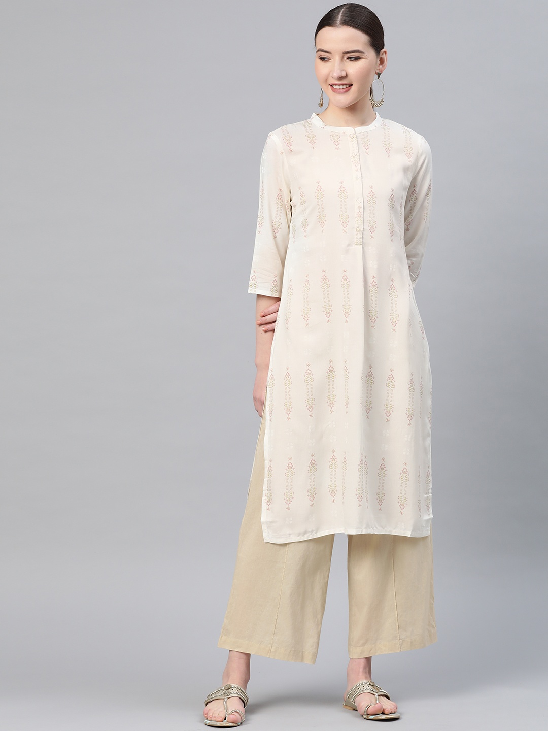 

W Women Off-White & Pink Printed Straight Kurta