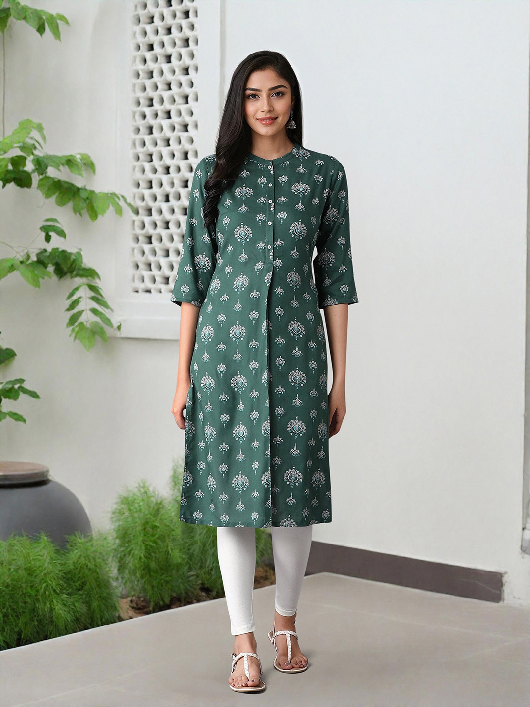 

W Women Green & Off-White Printed A-Line Kurta