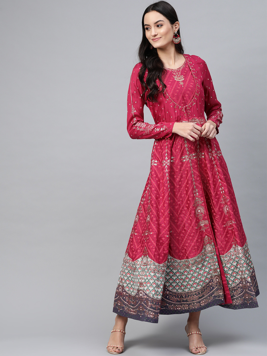 

W Magenta & Off-White Ethnic Motifs Printed Anarkali Layered Maxi Dress