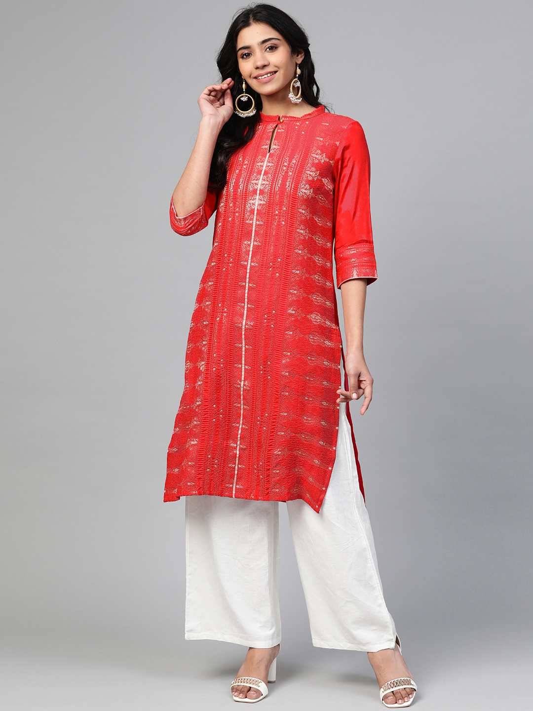 

W Women Red & Golden Zari Woven Design Straight Kurta