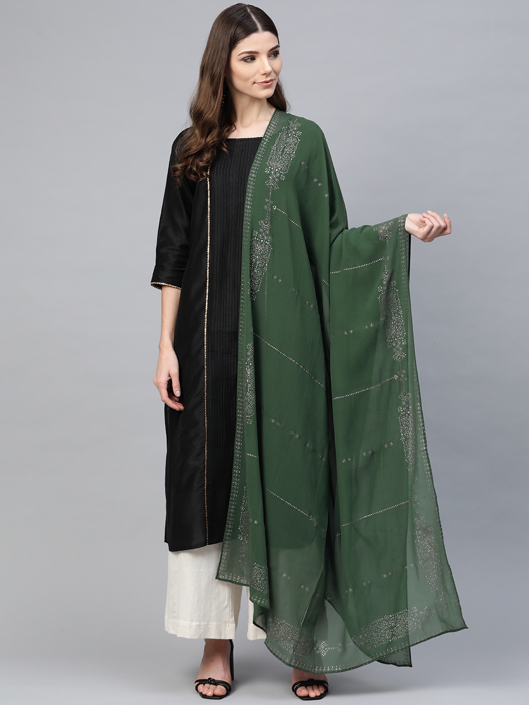 

W Green & Golden Printed Dupatta