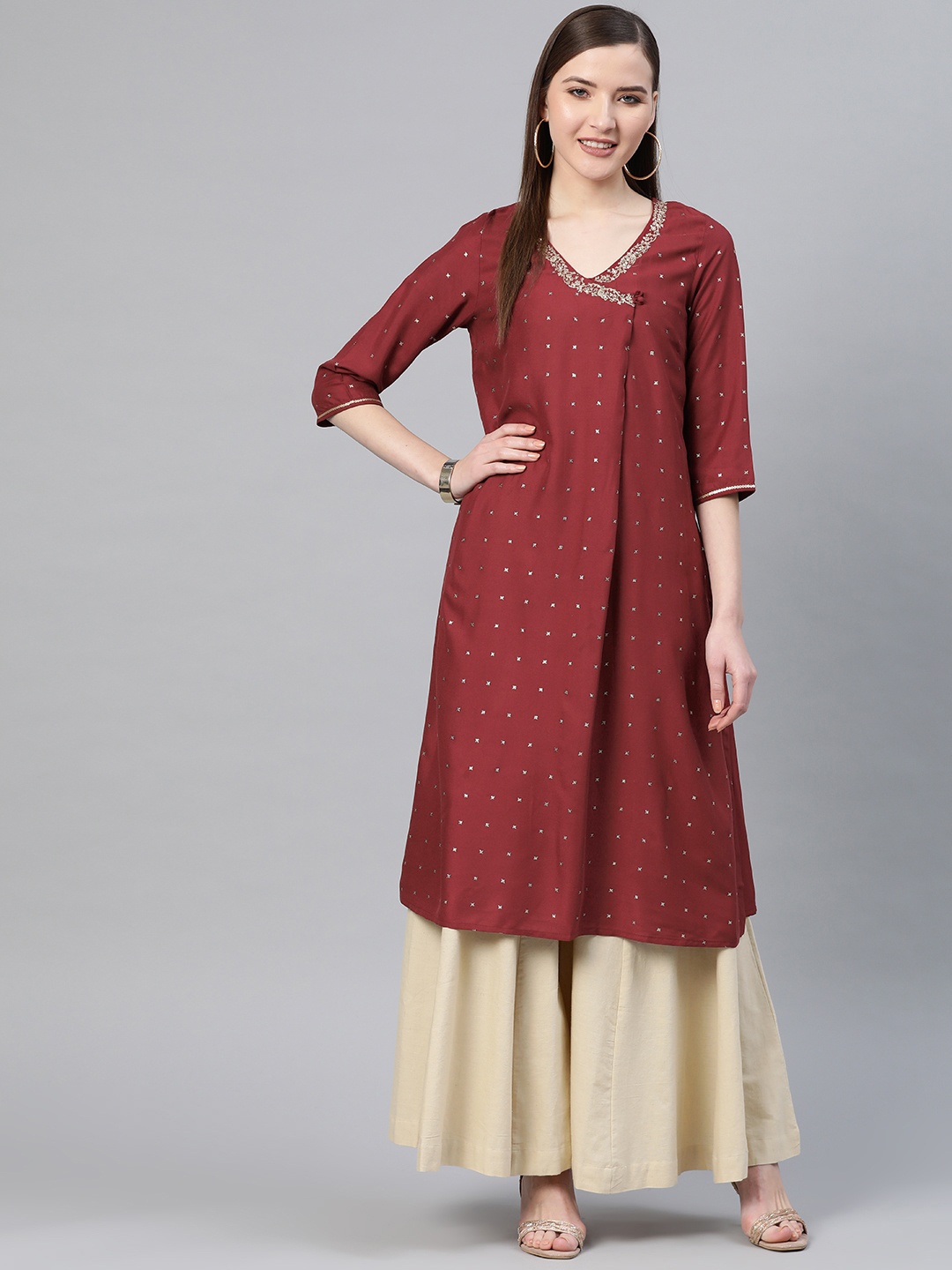 

W Women Maroon Printed Angrakha A-Line Kurta