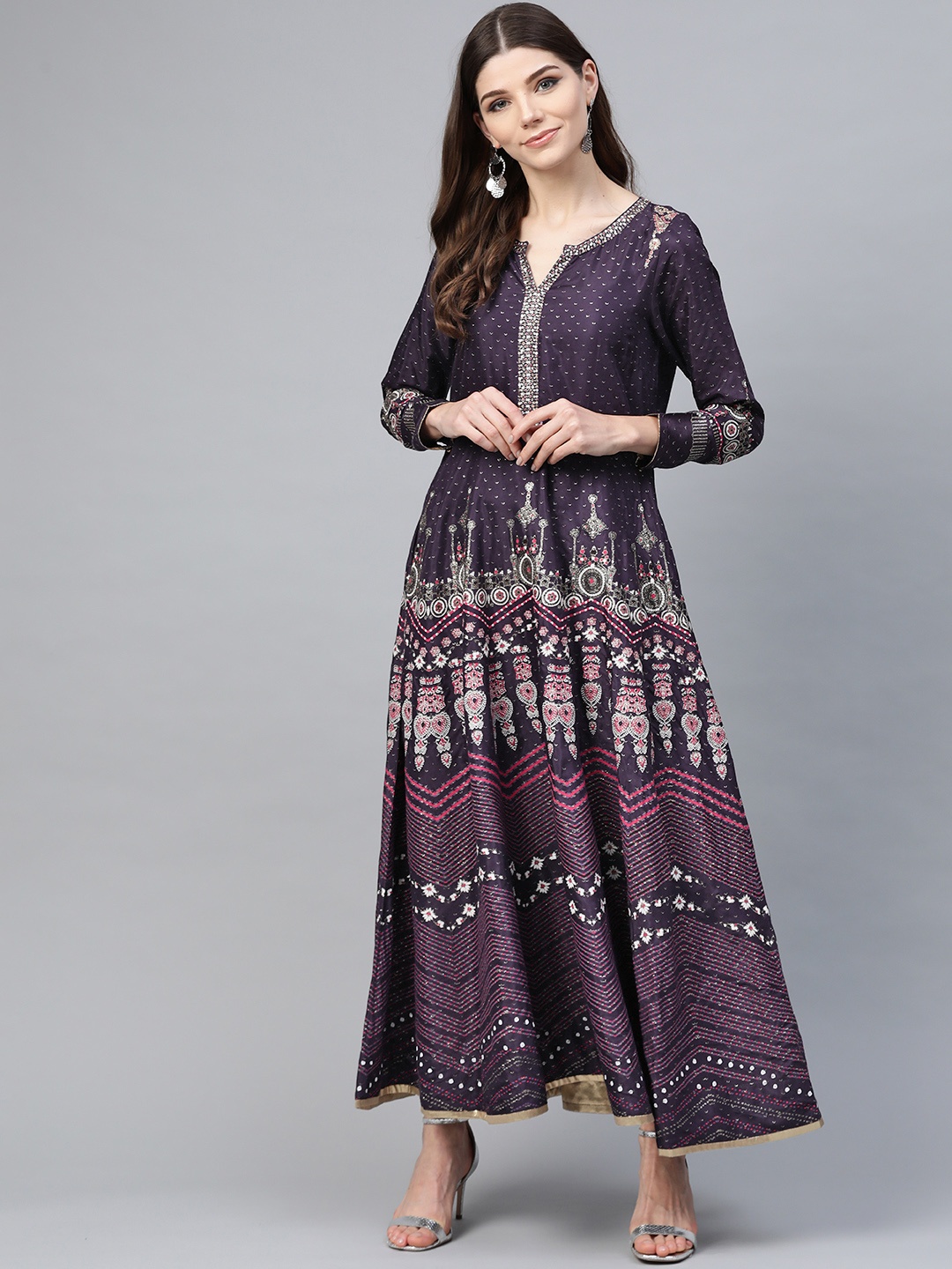 

W Navy Blue & Pink Ethnic Motifs Printed Anarkali Maxi Dress