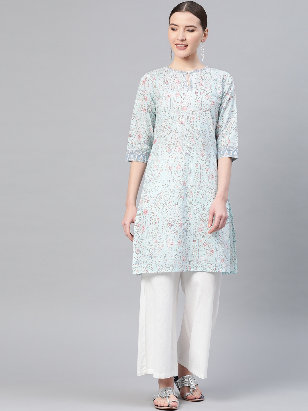 

W Women Straight Cotton Kurta, Blue