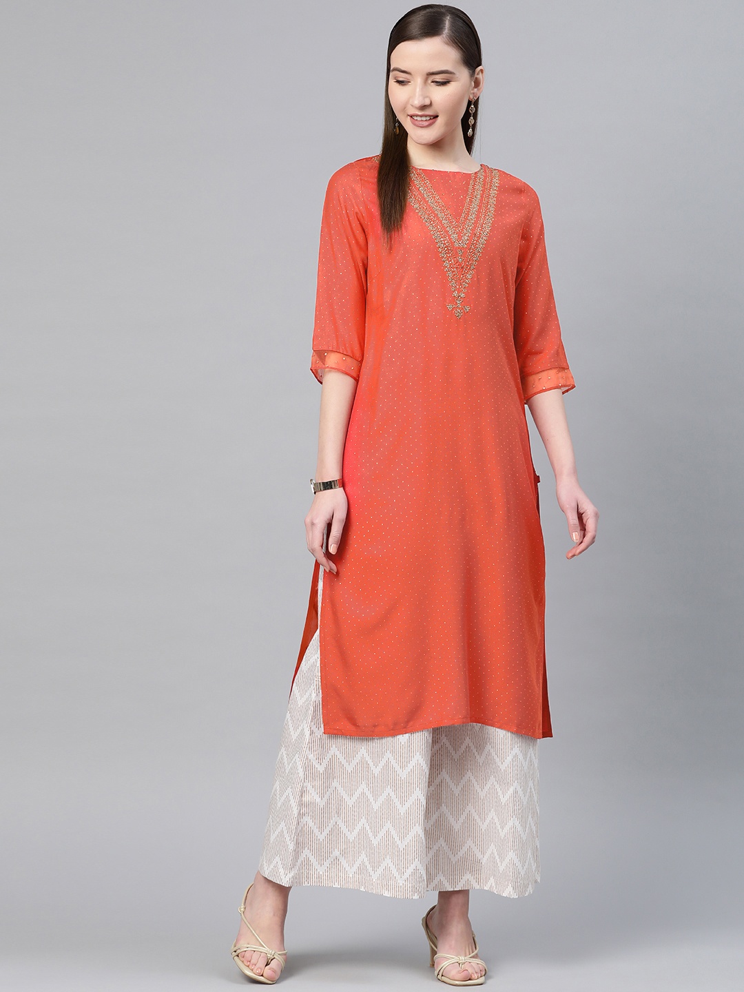 

W Women Orange & Golden Embellished Straight Kurta