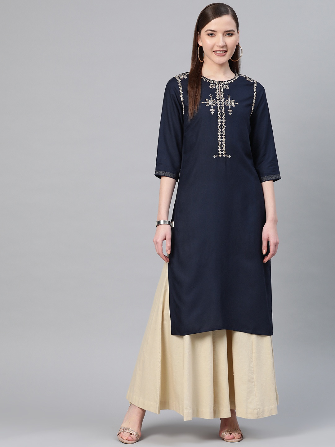 

W Women Navy Blue Embroidered Yoke Design Straight Kurta