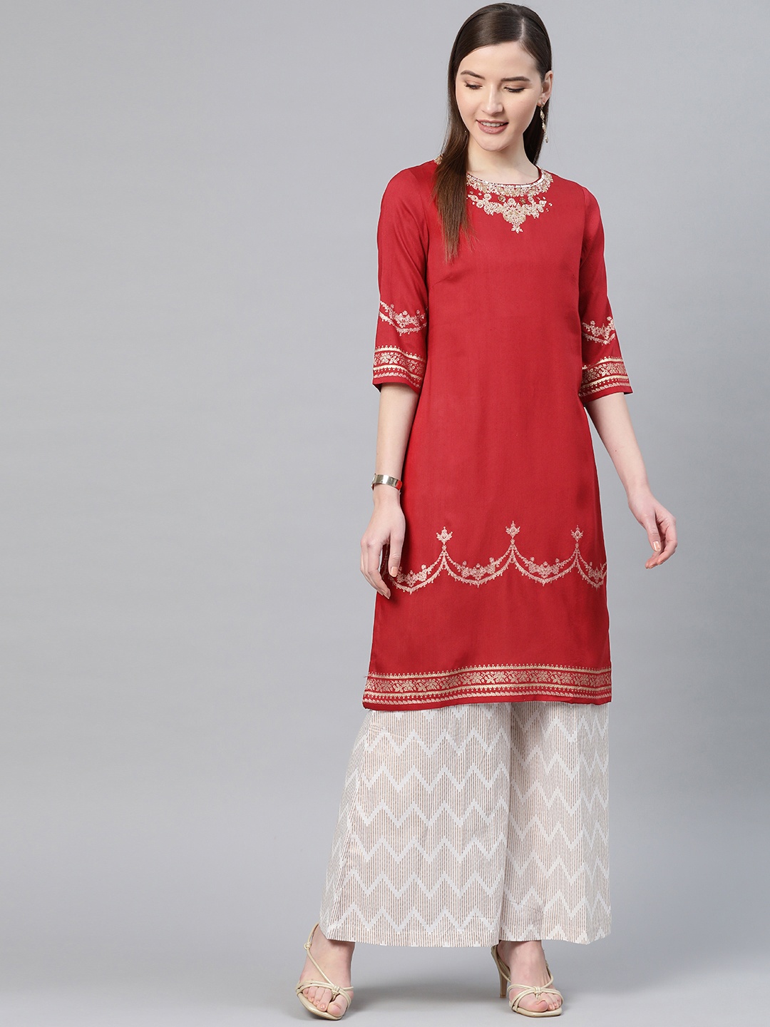 

W Women Red Yoke Design Straight Kurta